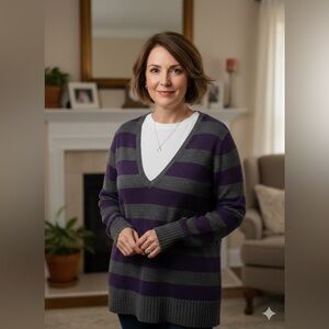 Lane Bryant Purple Gray Striped V-Neck Long Sleeve Sweater Plus Size 18/20